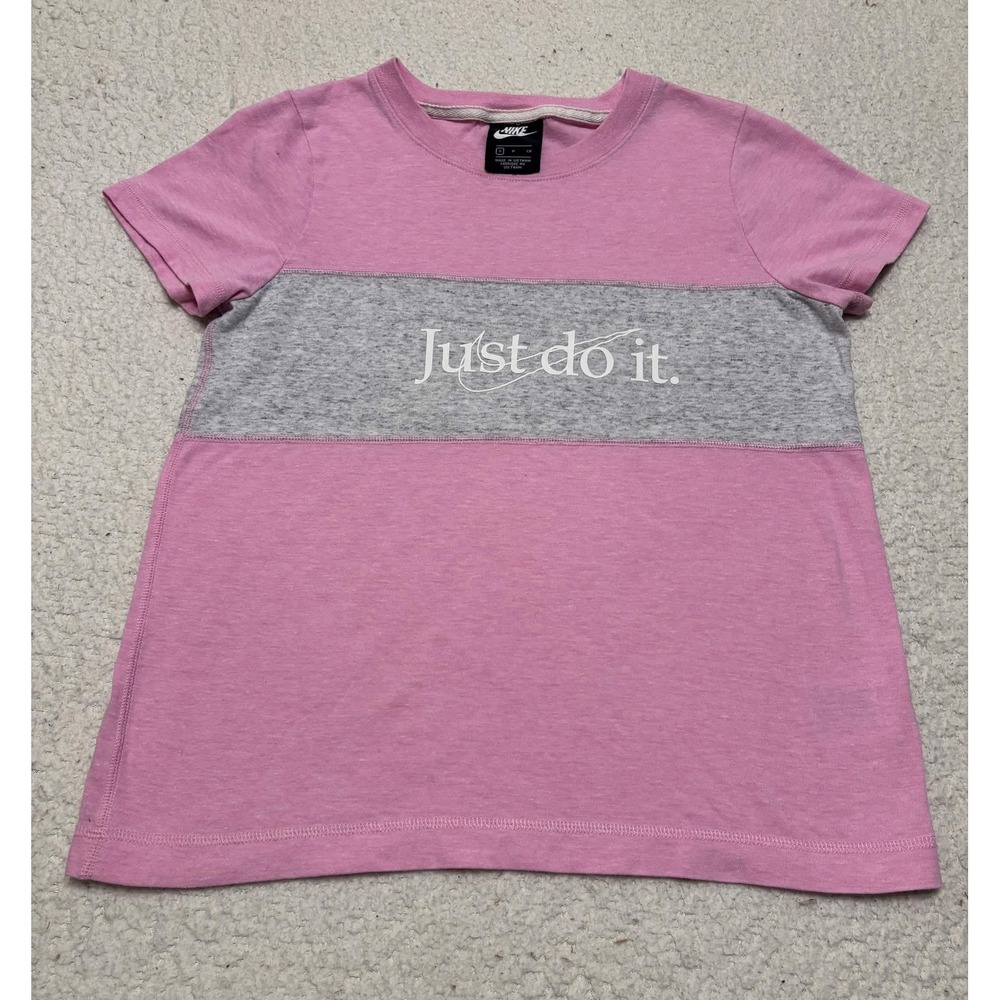 Nike Girls T-shirt Graphic Tee Size S Pink/grey Crewneck Colorblock Just Do It